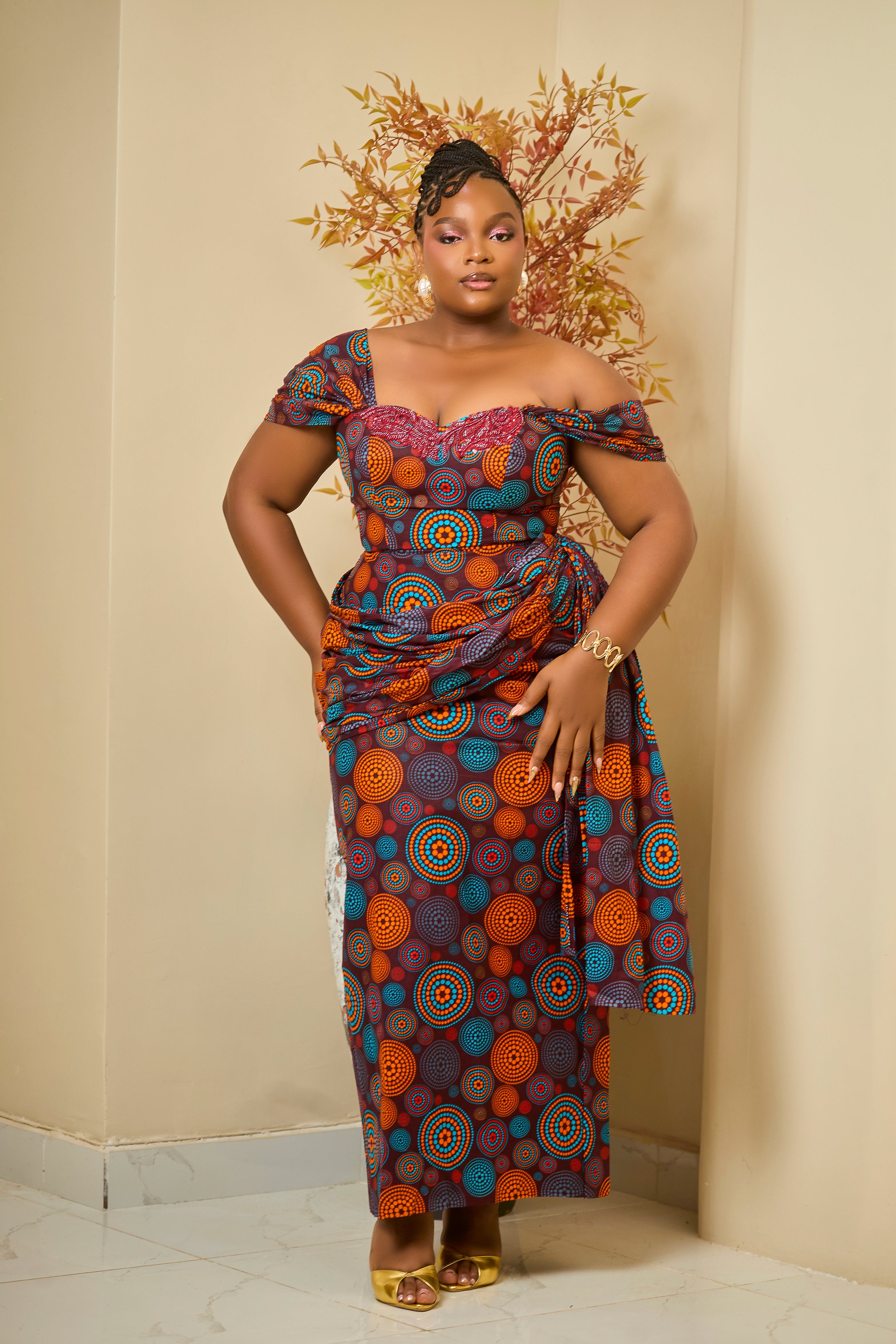 Kioni Dress - Vibrant African Ankara Off-Shoulder Maxi Dress
